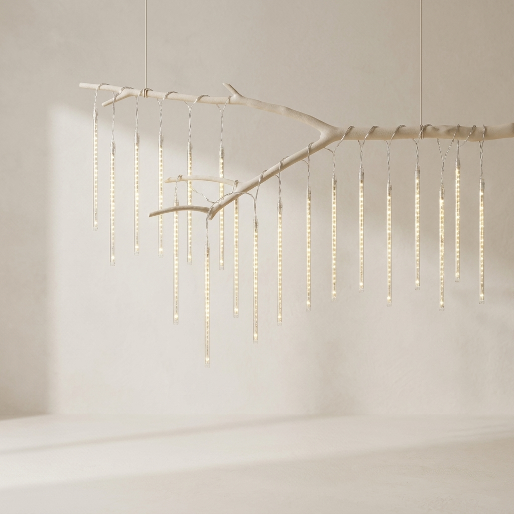 A modern branch-shaped chandelier with hanging LED icicle lights, suspended against a minimalist beige wall.