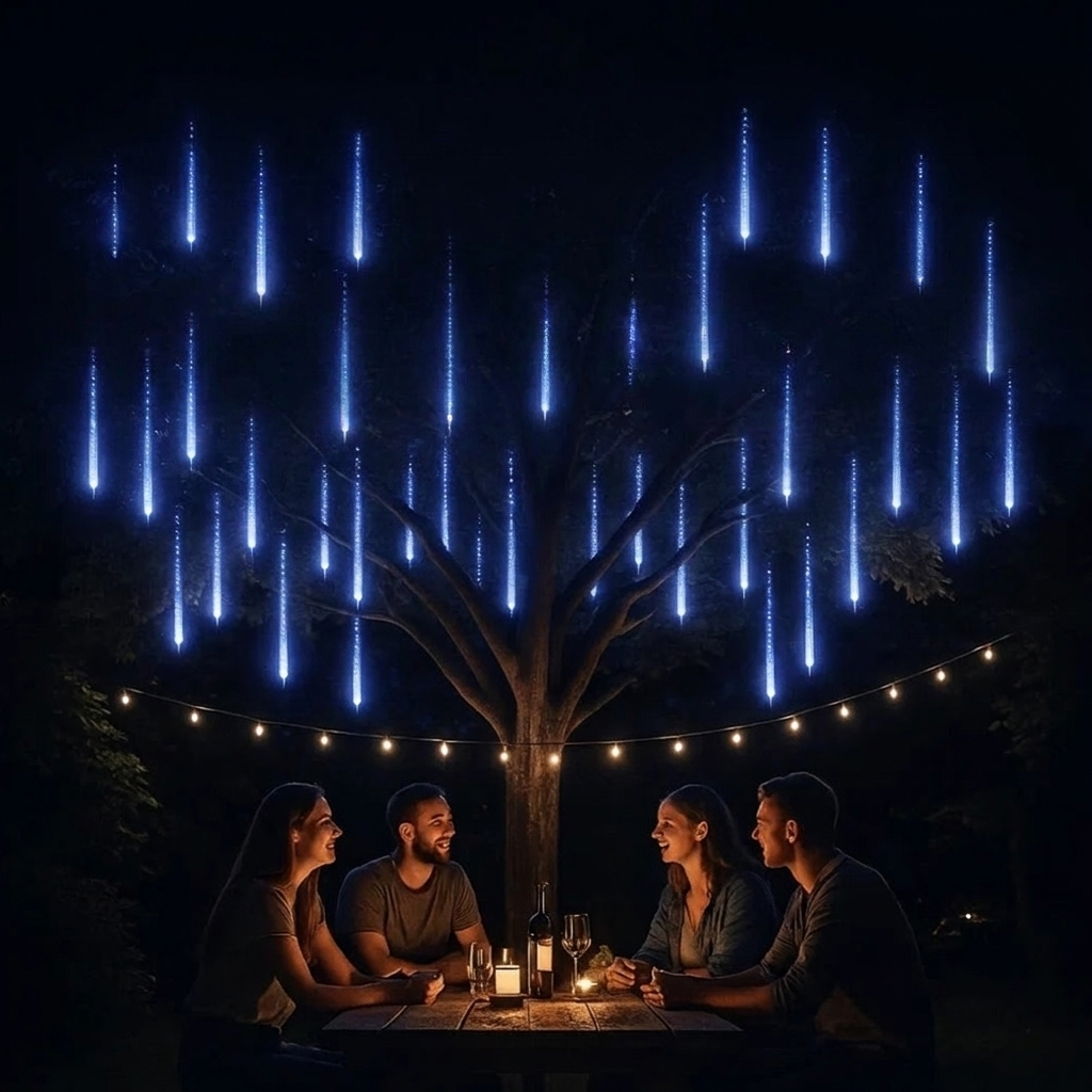 A nighttime outdoor scene with four people seated around a small table under a tree, lit by warm string lights and candles. Above them, many bright blue vertical light streaks resembling falling rain or shooting stars are displayed against a dark sky.
