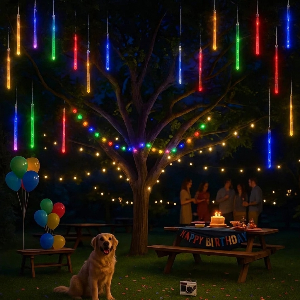 Outdoor birthday party scene at night under a decorated tree with hanging multicolor LED rainbow lights, string lights, balloons, a picnic table with a birthday cake and banner, and a golden retriever sitting in the foreground.