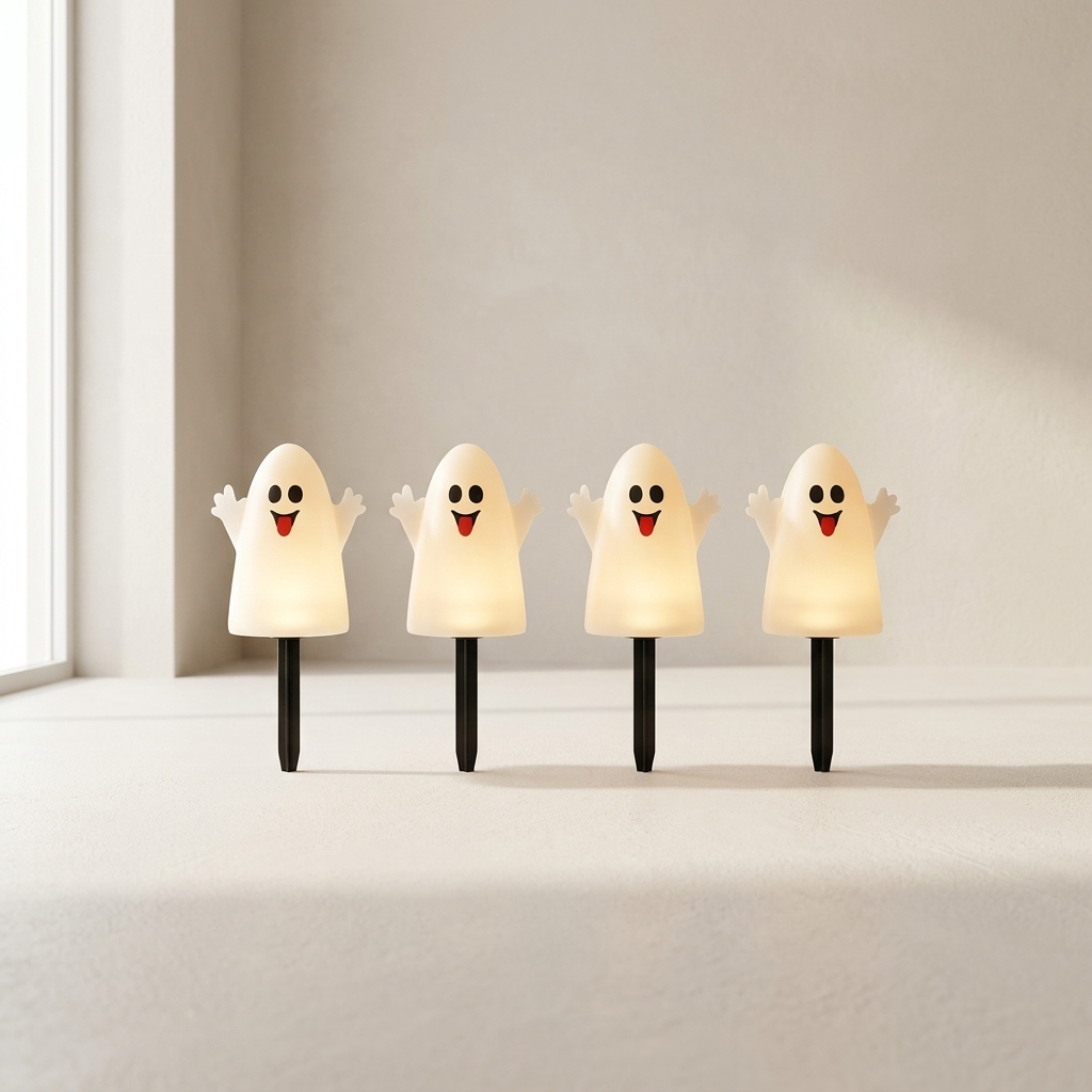 Four cute ghost-shaped solar garden lights with black stakes, glowing with a warm white light, arranged in a row on a light beige surface against a neutral beige wall.