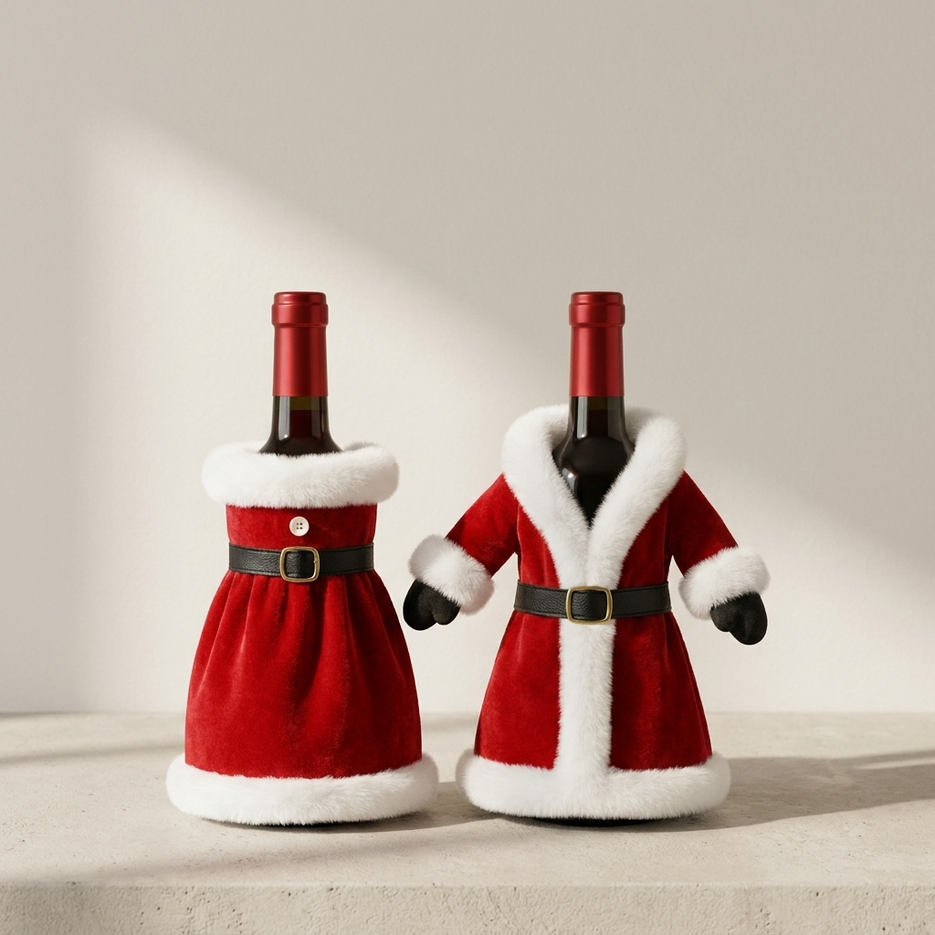 Two wine bottle covers styled as Santa Claus outfits, standing upright on a light beige surface against a neutral beige background. One is shown from the back and the other from the front, both featuring red velvet-like bodies, white faux-fur trim, black belts, and black glove-like hand details.