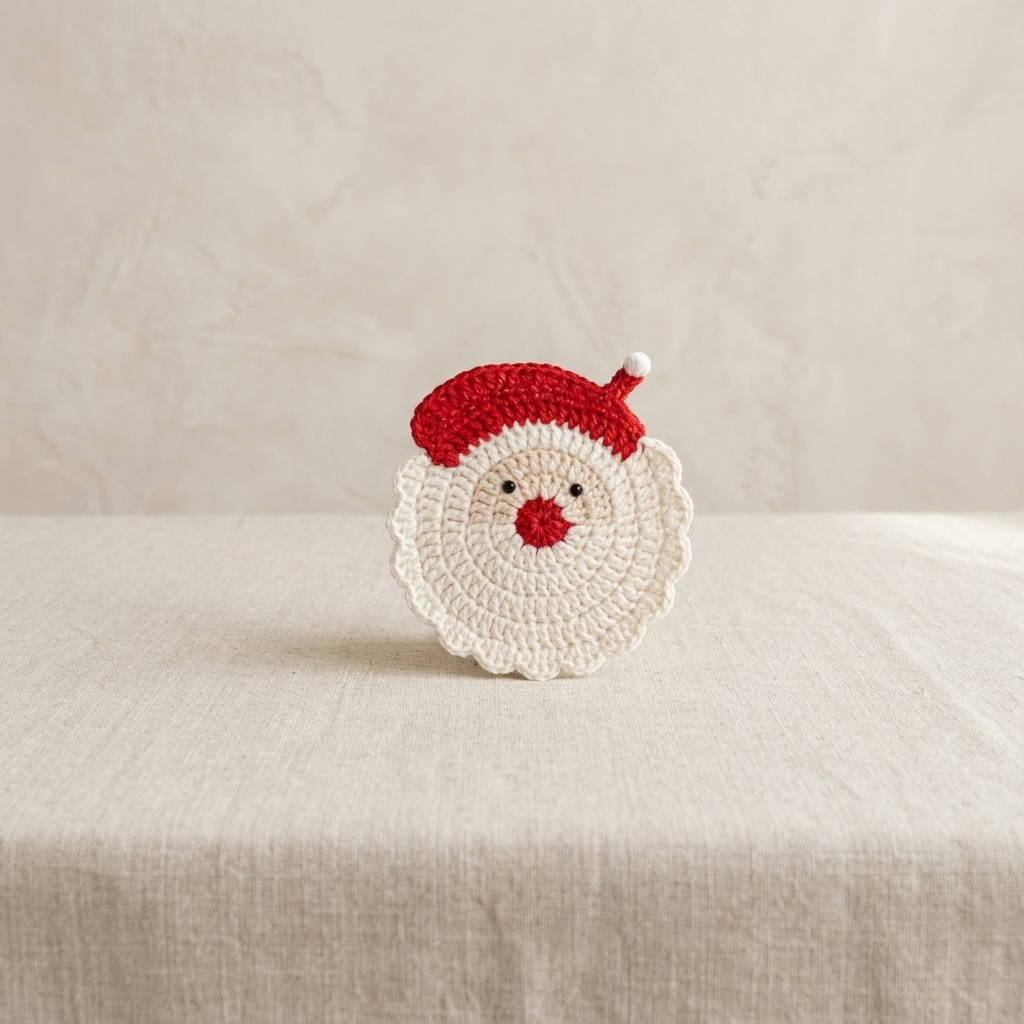 A crocheted Santa Claus face ornament or coaster sits on a textured beige fabric surface against a matching beige background.