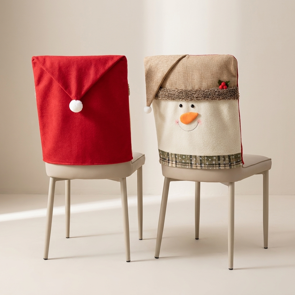 Two beige dining chairs with festive holiday chair covers in a studio setting. One chair cover is solid red with a white pom-pom, and the other is cream with a snowman face, orange carrot nose, and plaid trim.