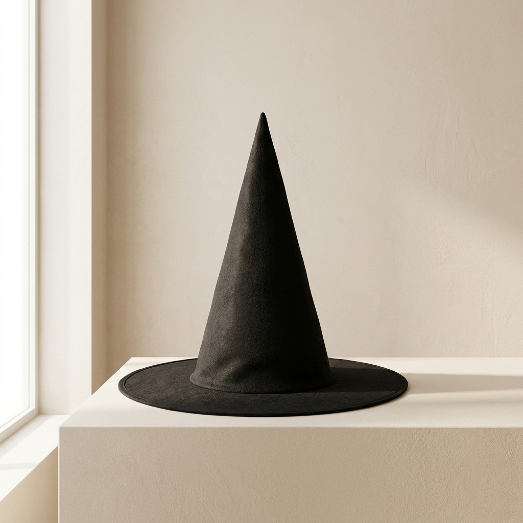 A black felt witch hat with a wide brim, displayed on a white pedestal against a warm beige wall near a window.