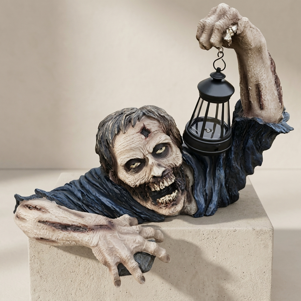 A zombie Halloween decoration with a raised arm holding a black lantern, posed on top of a beige pedestal against a neutral beige background.