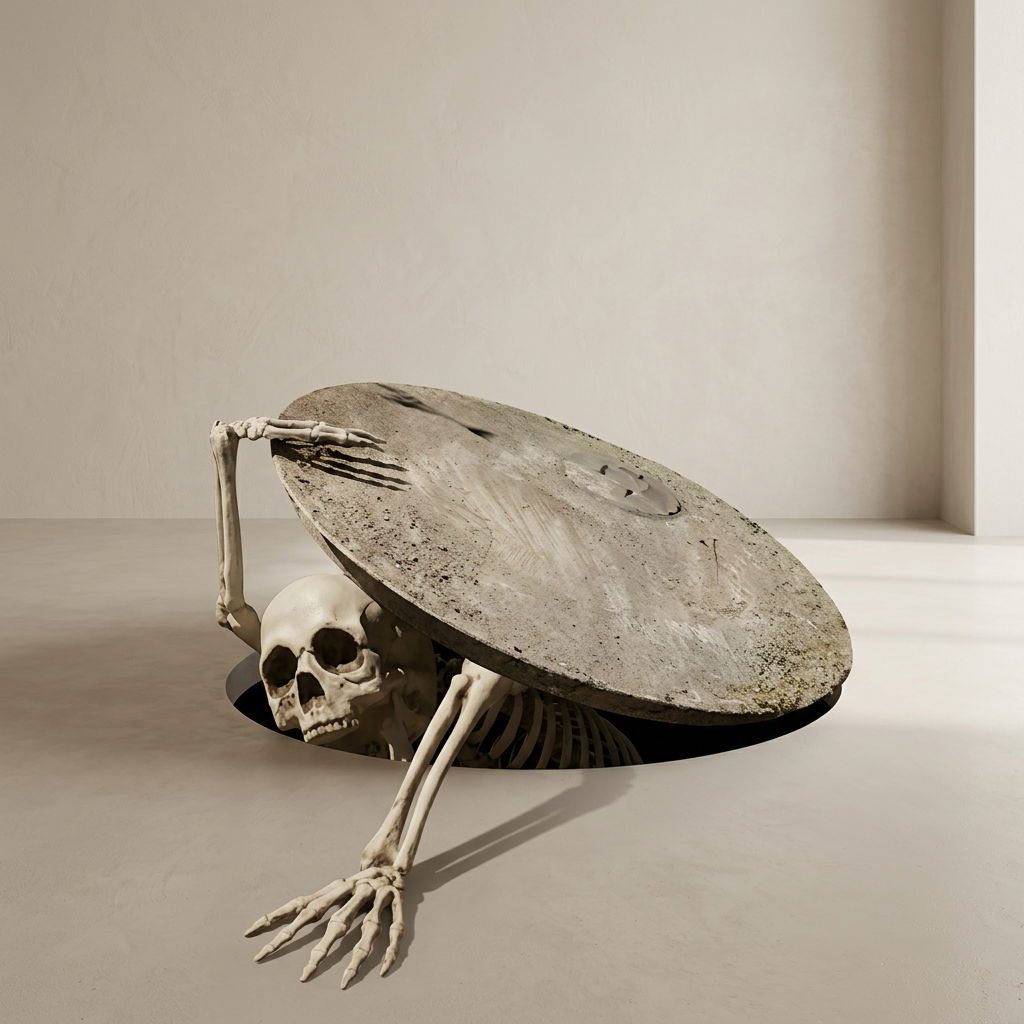 A surreal sculpture or Halloween decoration featuring a human skeleton reaching upward from a dark circular opening beneath a large, weathered oval stone slab, set in a minimalist beige room.