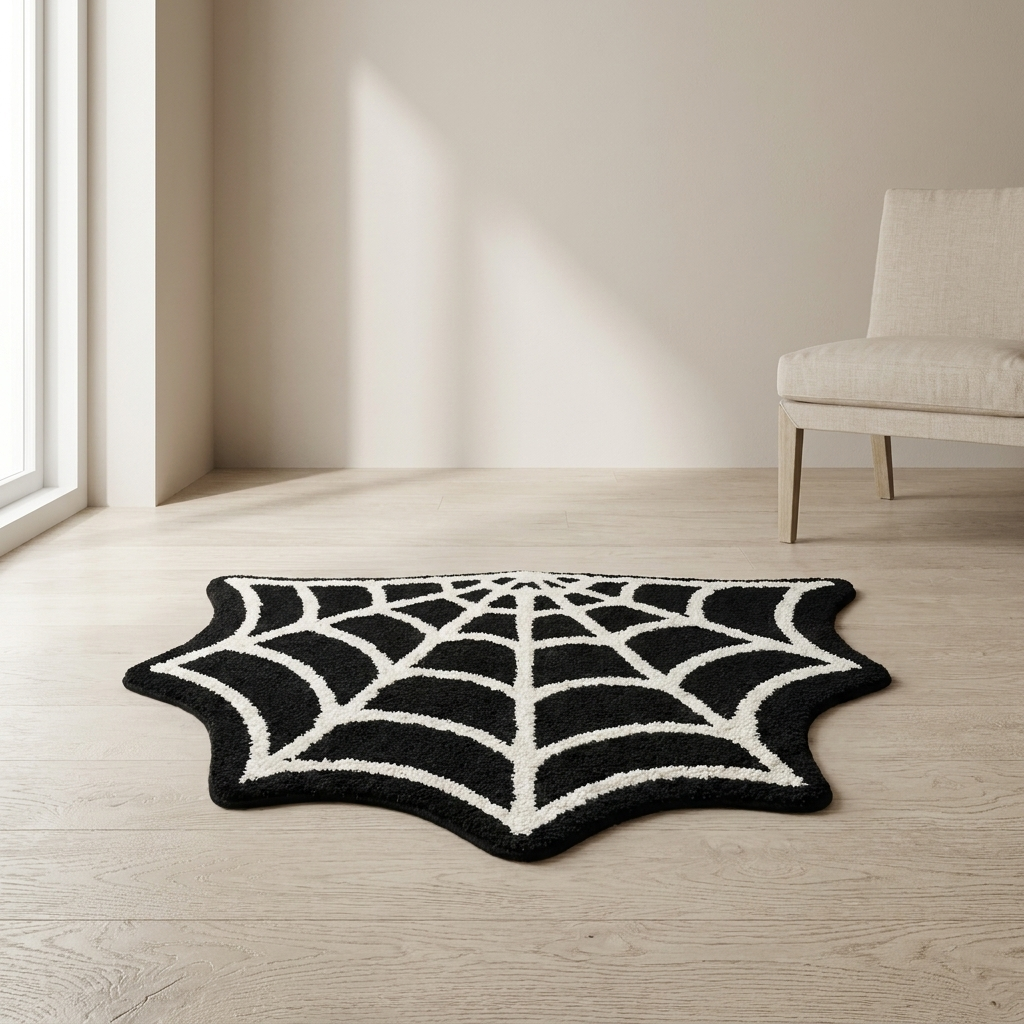 A black and white spiderweb-patterned rug styled on a light wood floor in a minimalist room with a beige wall and a light-colored chair.