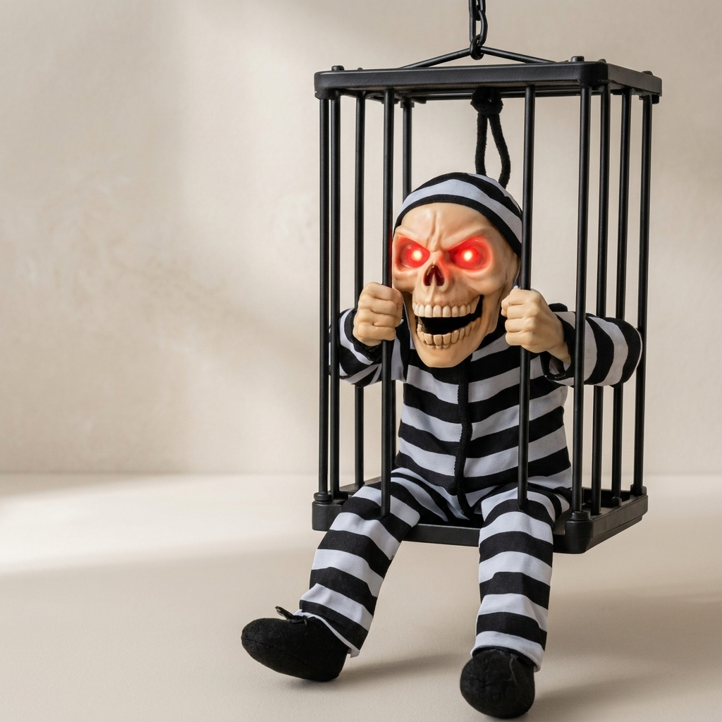 A Halloween decoration of a skeleton prisoner in a black and white striped jumpsuit, sitting inside a black metal cage with glowing red eyes, set against a neutral beige background.