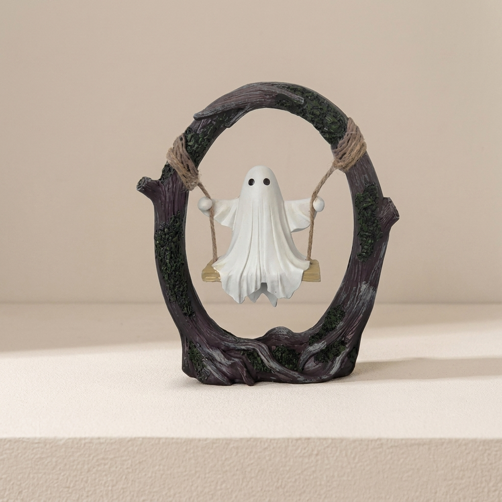 A small decorative figurine of a white ghost sitting on a swing attached to a dark, tree-like circular frame, displayed on a light beige surface against a matching beige background.