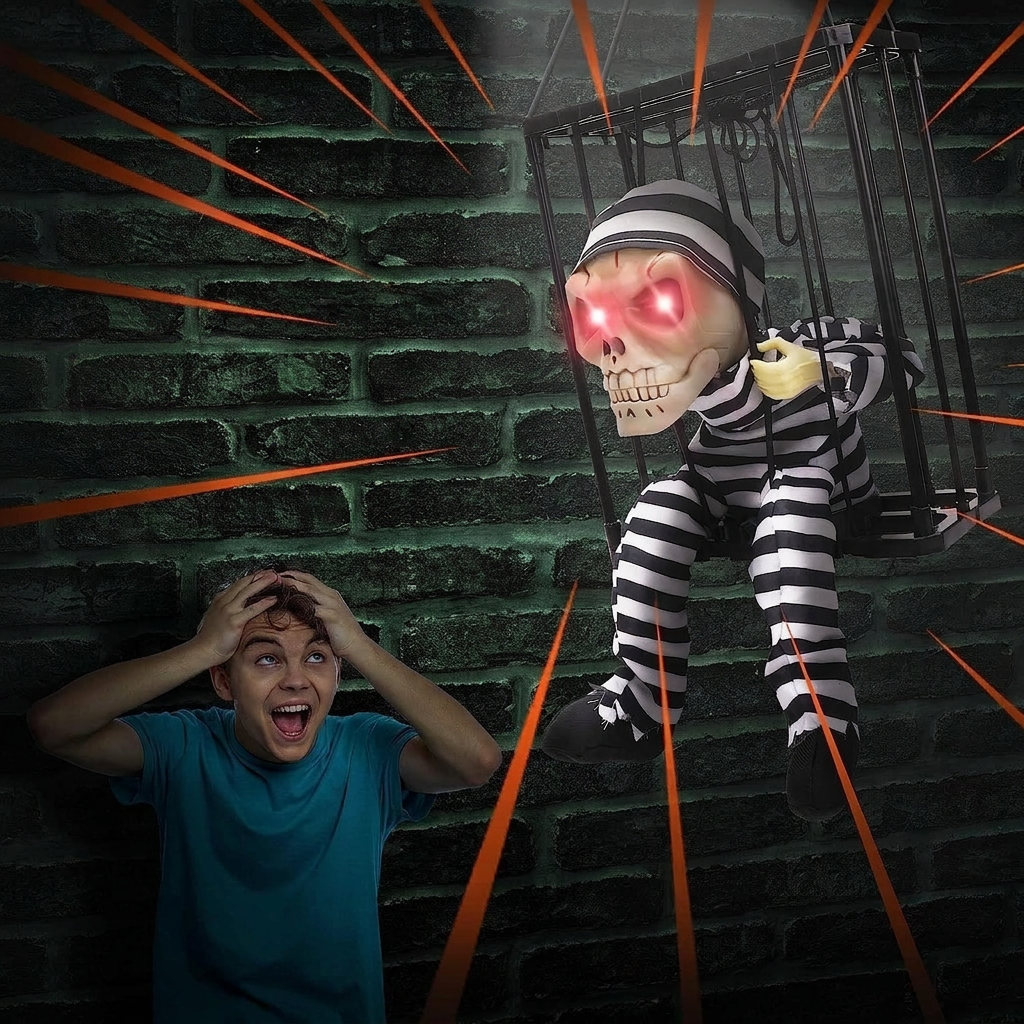 A spooky Halloween decoration featuring a skull prisoner in a striped cell with glowing red eyes, shown next to a person in a blue shirt who looks startled, set against a dark brick wall with orange light rays.