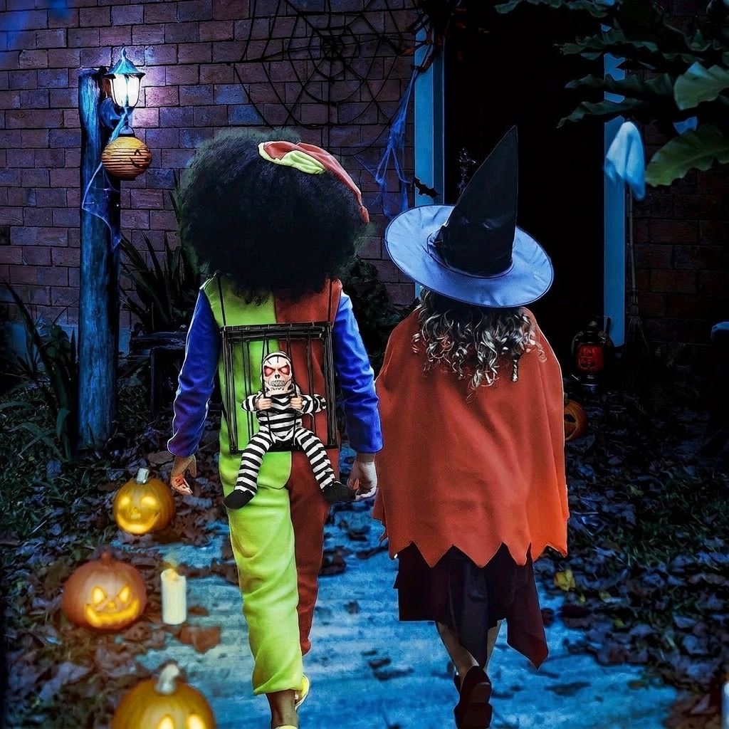Two children dressed in Halloween costumes walking away on a spooky brick path at night. One child wears a colorful clown-style outfit with a large black afro wig, and the other wears a witch hat and orange cape.