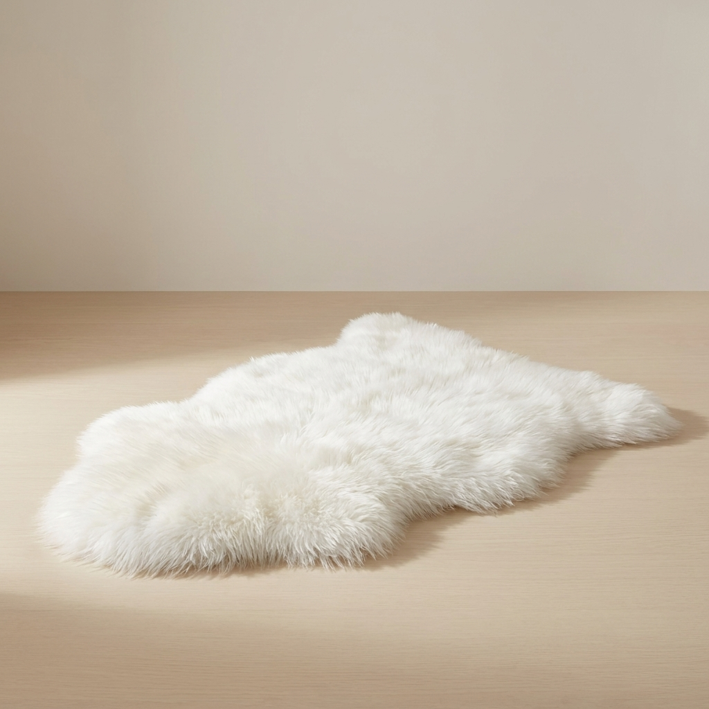 A fluffy white sheepskin-style rug with an irregular natural hide shape, displayed on a light wood floor against a neutral beige wall.