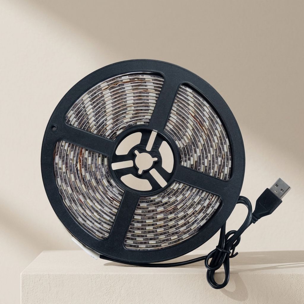 A coiled LED light strip with a black plastic reel and a USB connector, wound with small rectangular mosaic tiles in beige, white, and brown tones, set against a warm beige background.