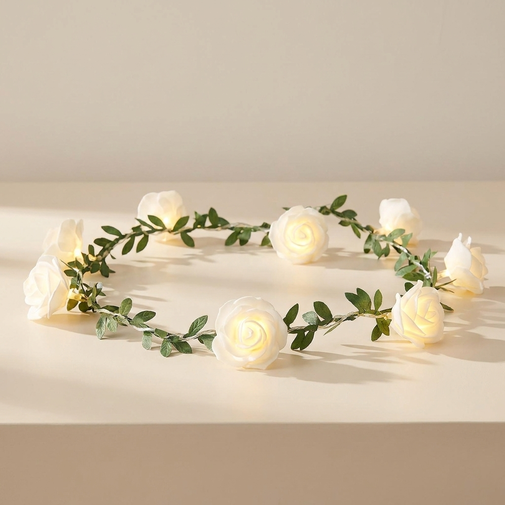 White rose flower crown with green leaves and built-in warm white LED lights, displayed on a beige surface against a neutral background.