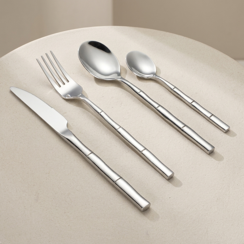 A 4-piece stainless steel cutlery set with a bamboo-inspired textured handle design, including a knife, fork, spoon, and teaspoon, arranged diagonally on a beige surface.