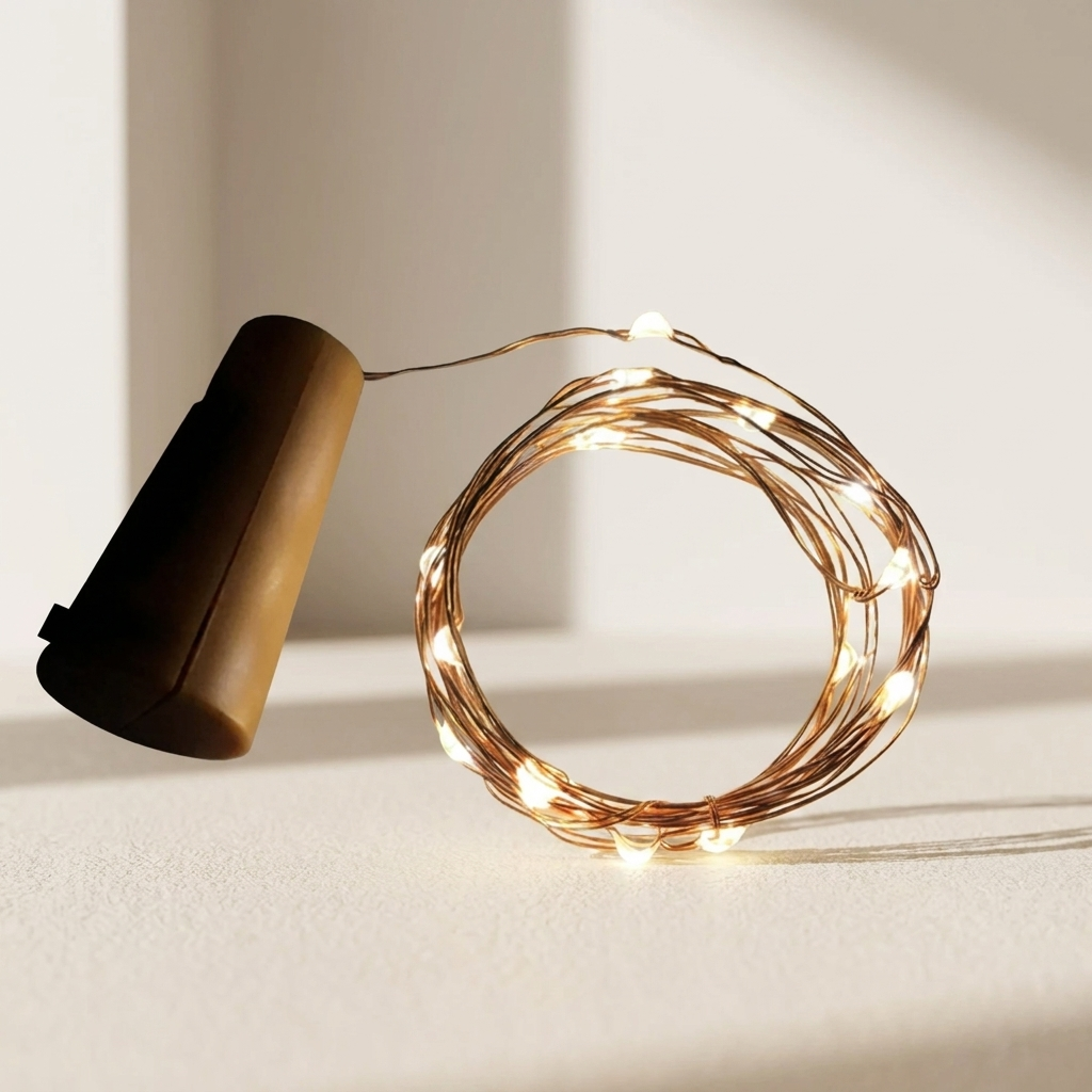 Warm white fairy string lights with a copper-colored wire coil and a dark brown cylindrical battery, shown on a minimalist beige background with soft shadows.