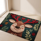 A rectangular area rug with a 3D tufted deer design, placed on a light wood floor in a brightly lit room corner.