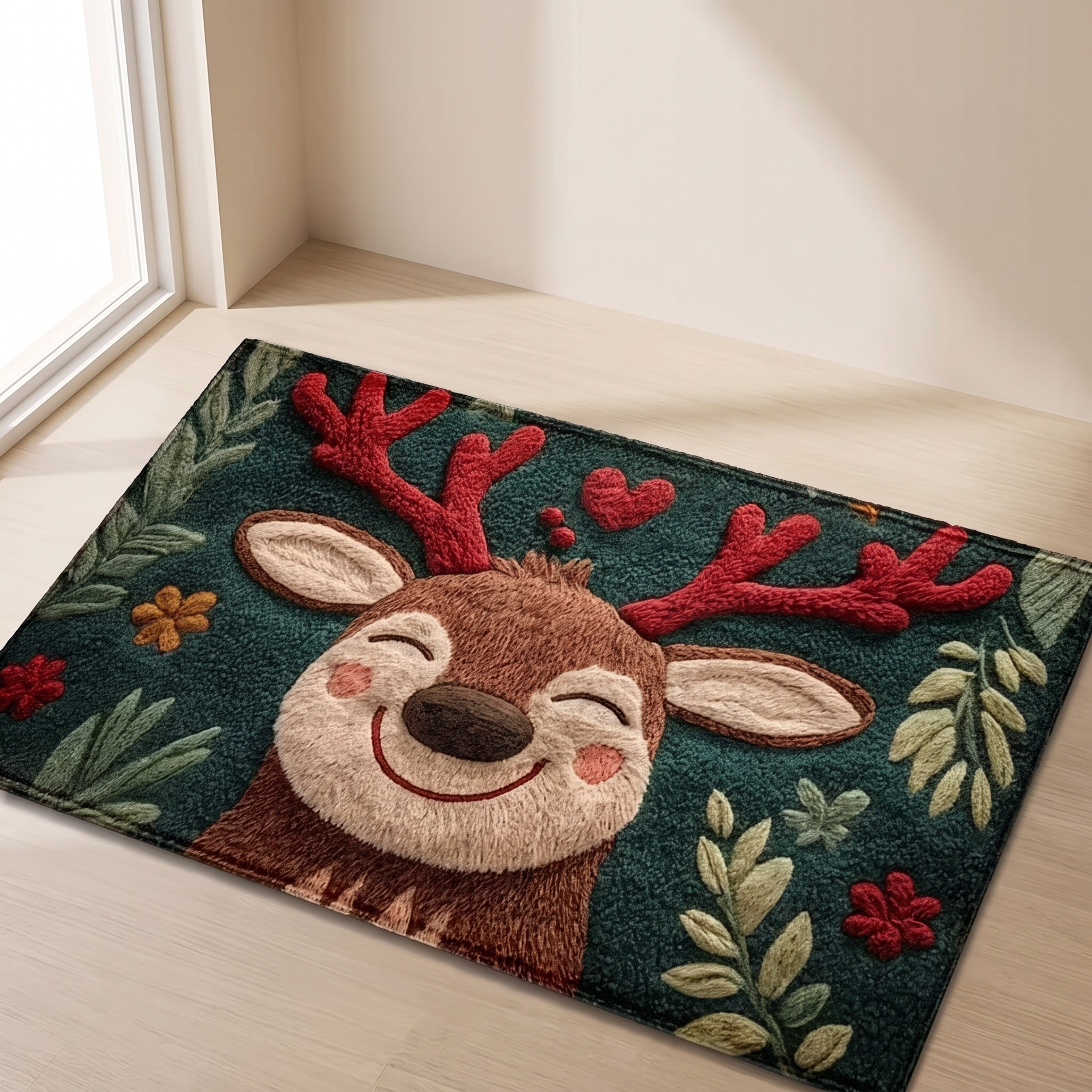 A rectangular area rug with a 3D tufted deer design, placed on a light wood floor in a brightly lit room corner.