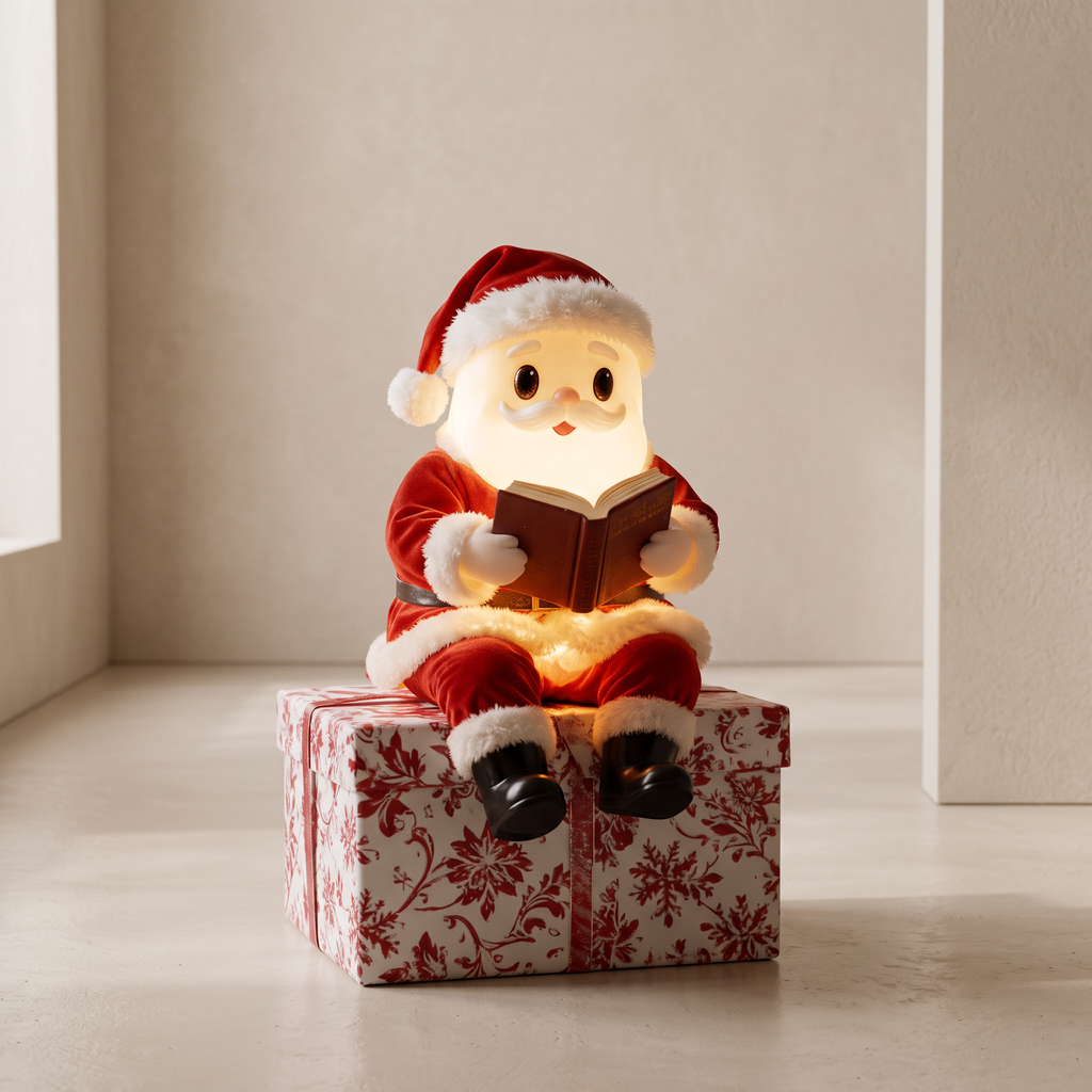 A Santa Claus figurine wearing a red suit and hat, sitting on a red-and-white patterned gift box and reading a glowing book. The scene is photographed indoors against a warm beige wall and floor.