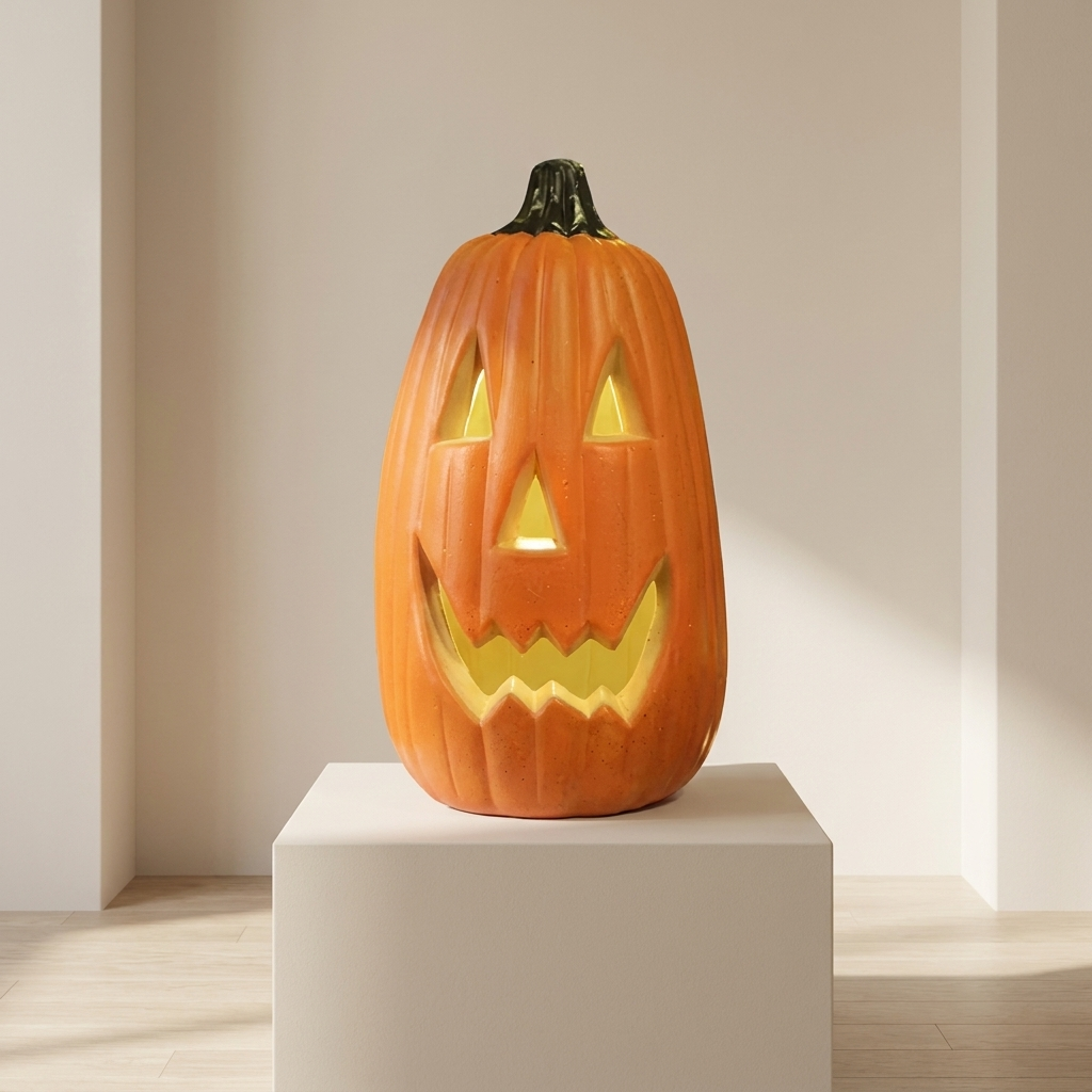 A carved orange jack-o'-lantern pumpkin with a glowing yellow light inside, displayed on a white pedestal in a minimalist beige room.