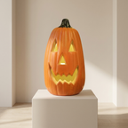 A carved orange jack-o'-lantern pumpkin with a glowing yellow light inside, displayed on a white pedestal in a minimalist beige room.