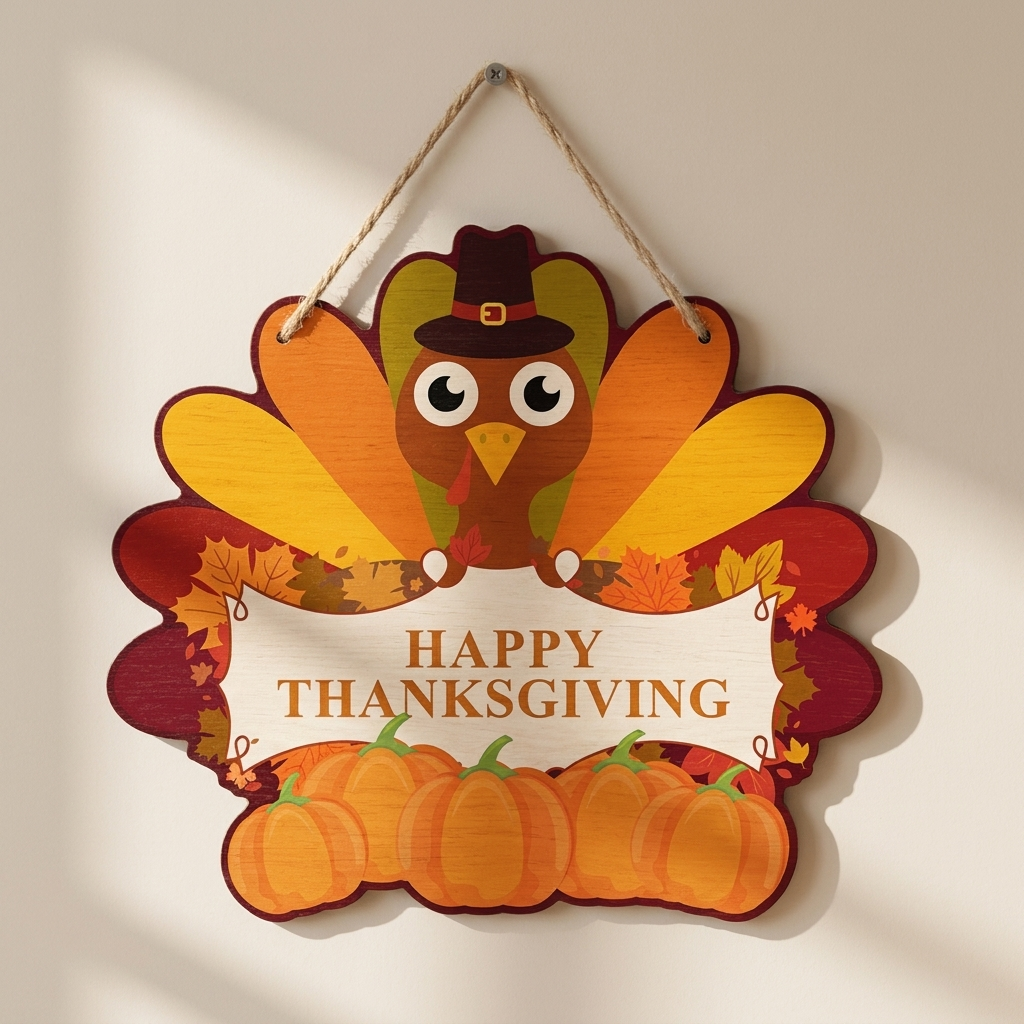 A decorative hanging wooden sign shaped like a turkey with autumn leaves and pumpkins, featuring the words “HAPPY THANKSGIVING” on a warm off-white banner. The sign hangs from a rope against a beige wall with soft sunlight and shadows.