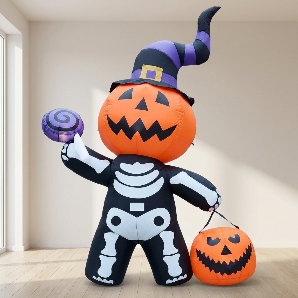Inflatable Halloween decoration shaped like a skeleton pumpkin, with an orange jack-o'-lantern head, black-and-white skeleton body, purple witch hat, and an orange pumpkin bucket, shown standing indoors against a beige wall.