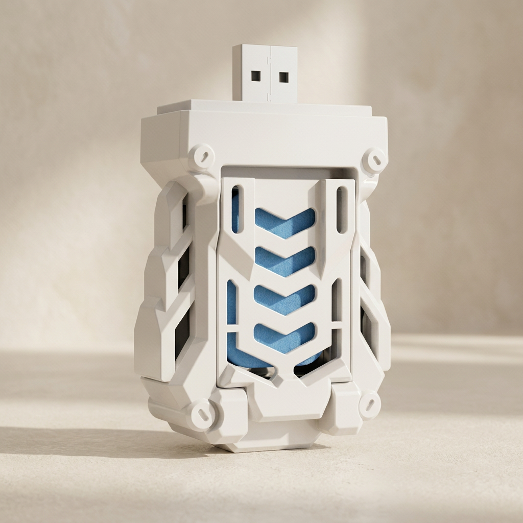A white USB flash drive styled like a futuristic robotic chest or vent, featuring blue chevron accents on the front, set against a warm beige background.