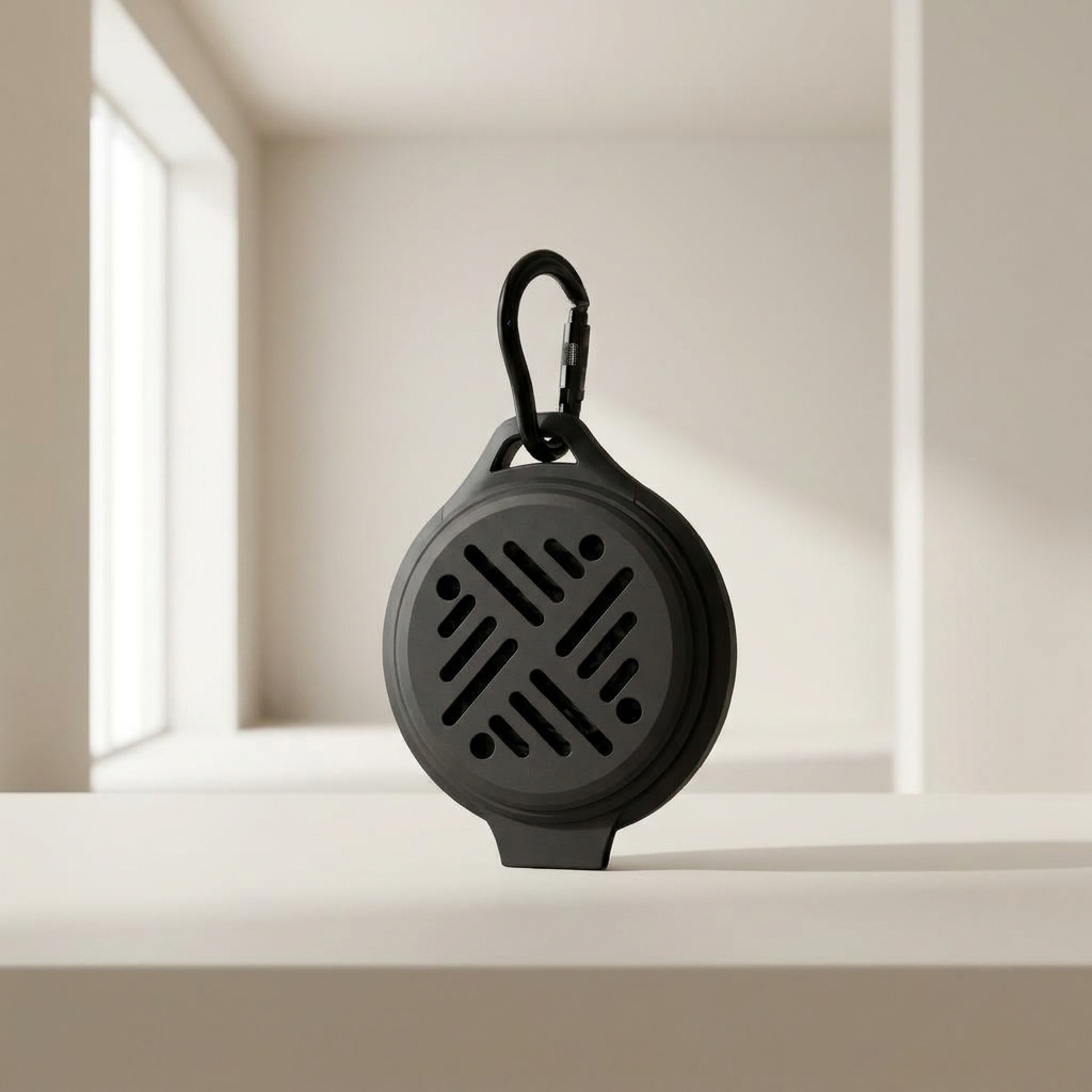 A round black portable speaker with a carabiner clip, standing on a white ledge in a minimalist, warm-toned interior setting.
