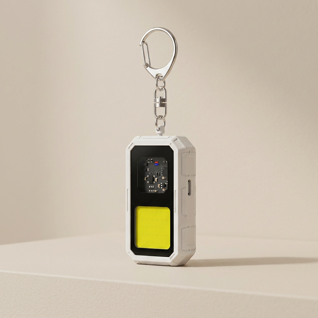 A white rectangular electronic keychain device with a black front panel, a bright yellow square section, and a silver metal key ring, shown standing on a beige surface against a beige background.