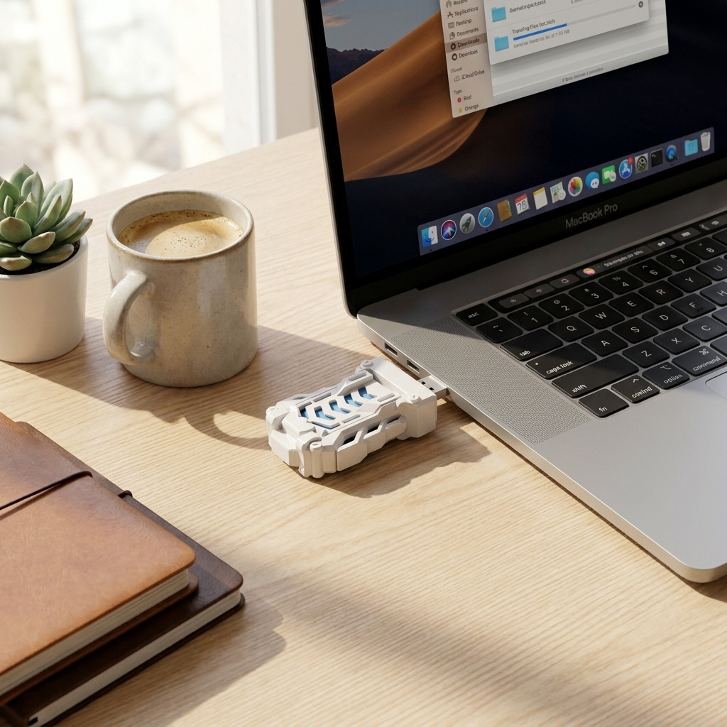 A white and blue USB adapter device connected to a silver MacBook Pro on a light wood desk, surrounded by a coffee mug, notebook, and small plant.