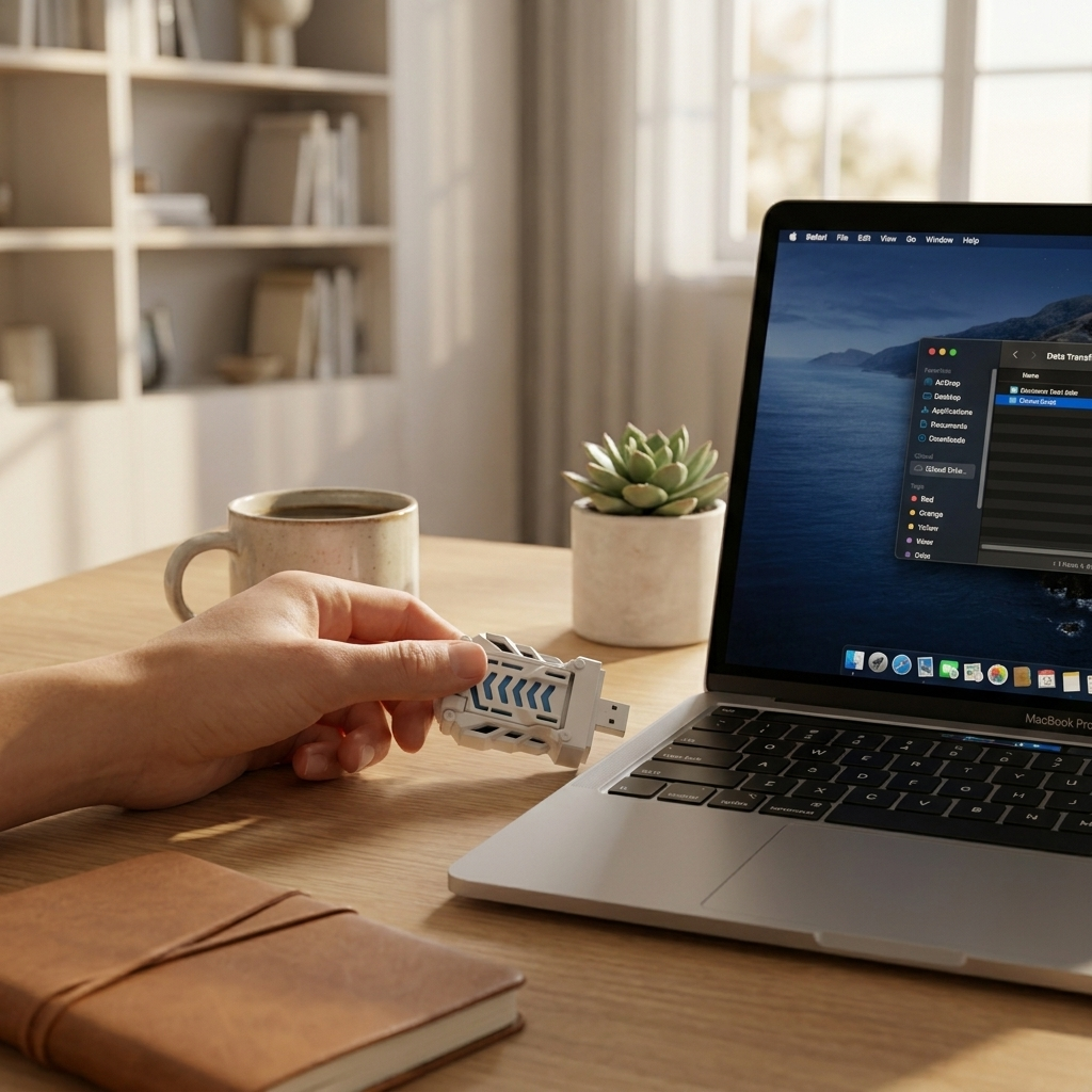 A hand holds a small white and blue USB flash drive near an open silver laptop on a wooden desk, with a mug, small plant, and notebook in a bright home office setting.