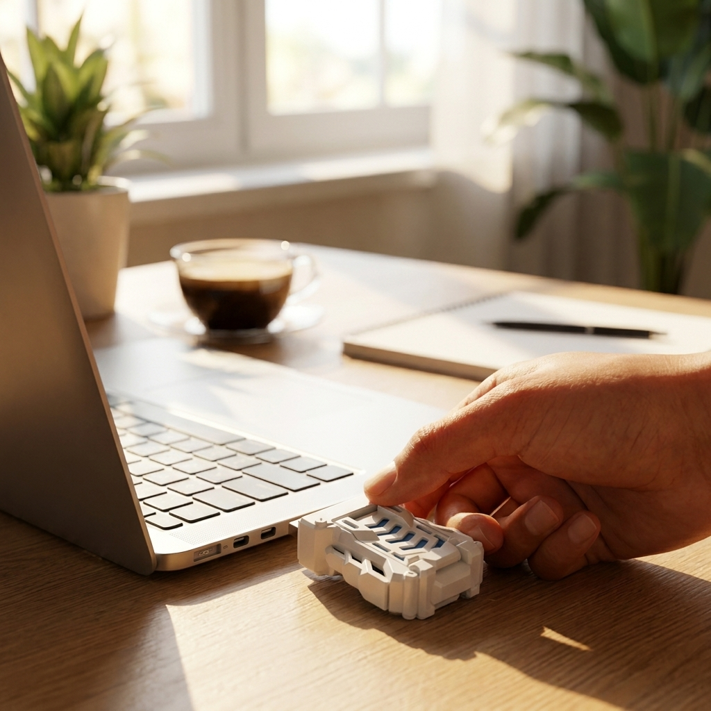 A close-up of a hand inserting a small white plastic adapter into a laptop's USB port on a wooden desk, with a laptop, coffee cup, notebook, and plants in a bright room.