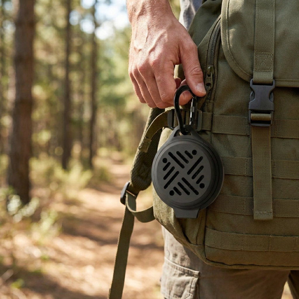 A close-up outdoor shot of a person's hand attaching a black carabiner with a round vented filter to an olive green tactical backpack in a forest setting.