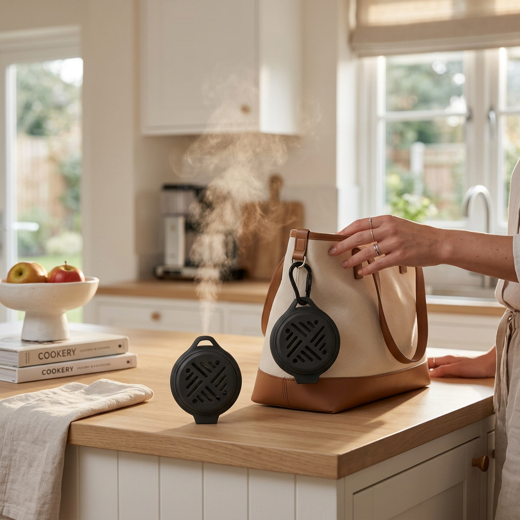 A person in a beige dress stands at a kitchen counter next to a cream and tan tote bag, holding a black circular steaming device attached to the bag. A matching black steaming device sits on the counter in front.