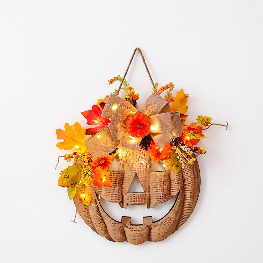 A Halloween decorative wreath shaped like a carved pumpkin, made from burlap and adorned with faux autumn leaves, a large burlap bow, a small orange pumpkin, and warm white string lights, shown against a plain white background.
