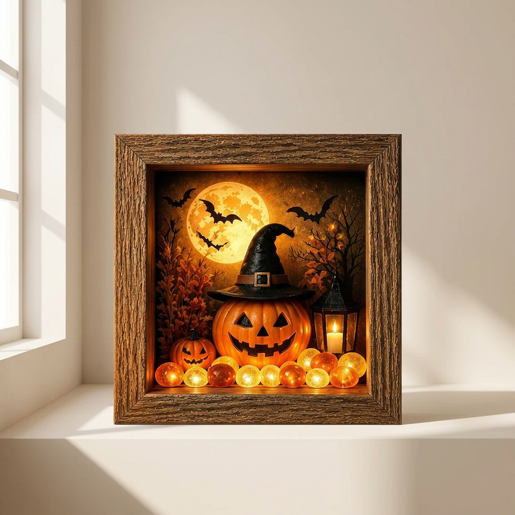 A square framed Halloween shadow box display on a windowsill. The rustic brown wood frame contains a spooky scene with a jack-o'-lantern, a witch's hat, bats, a full moon, and glowing fairy lights.