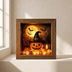 A square framed Halloween shadow box display on a windowsill. The rustic brown wood frame contains a spooky scene with a jack-o'-lantern, a witch's hat, bats, a full moon, and glowing fairy lights.