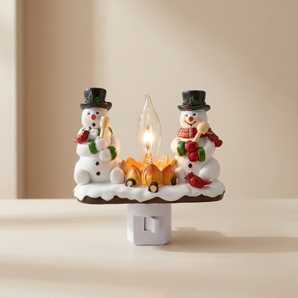 Christmas Plug-In Night Light, Snowman Campfire Design, Warm Yellow Light, Plug-In Operation