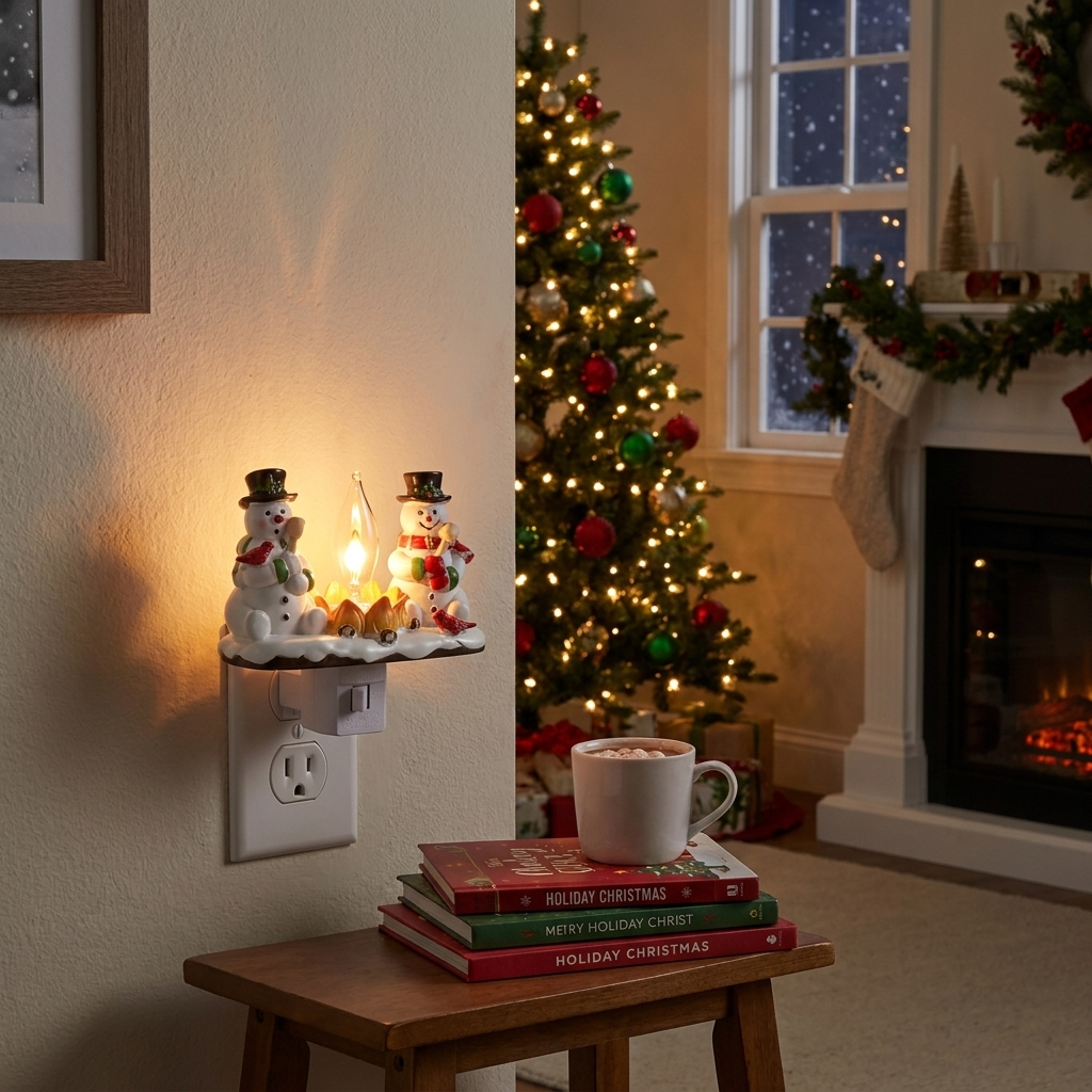 A lit holiday snowman night light plugged into a wall outlet on a beige wall, with a mug on books beside it and a decorated Christmas tree and fireplace in the background.