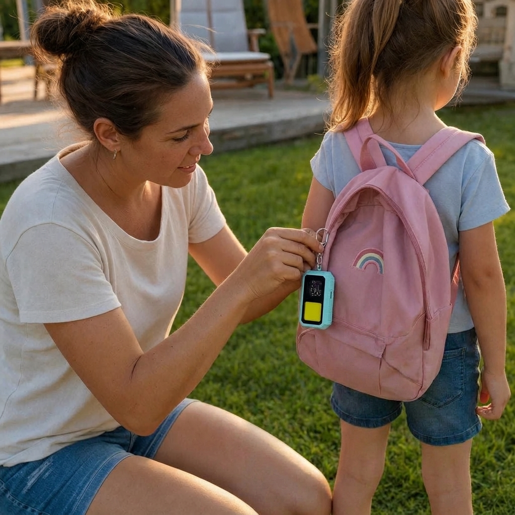 A woman kneeling outdoors next to a young girl wearing a pink backpack with a small rainbow patch. The woman is holding a small electronic device attached to the backpack.