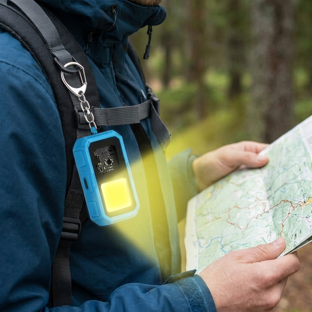 A close-up of a person outdoors in a forest wearing a blue hiking jacket and backpack, holding a map. A bright blue and black emergency light with a yellow LED panel is clipped to the chest strap.