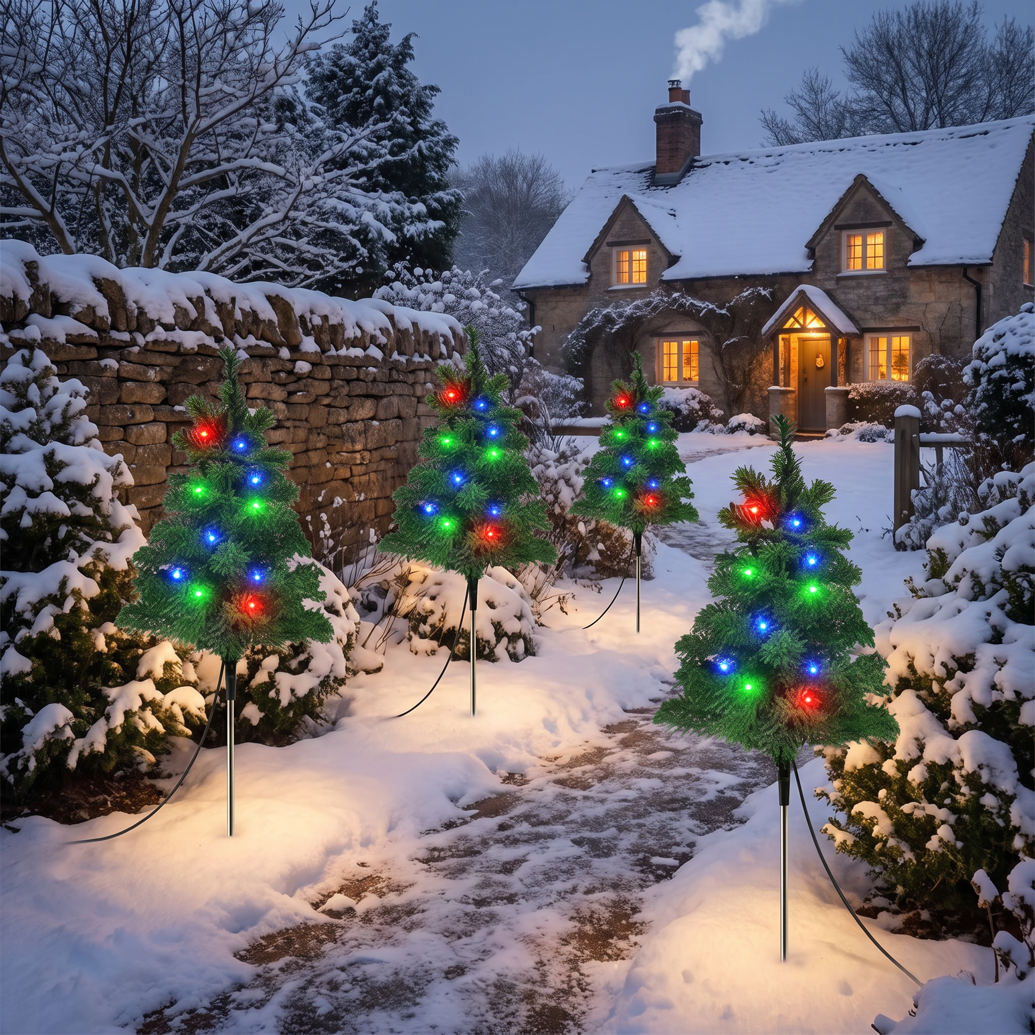 Four miniature Christmas tree lights with colorful red, green, and blue bulbs are displayed in a snowy garden pathway leading to a stone house at night.