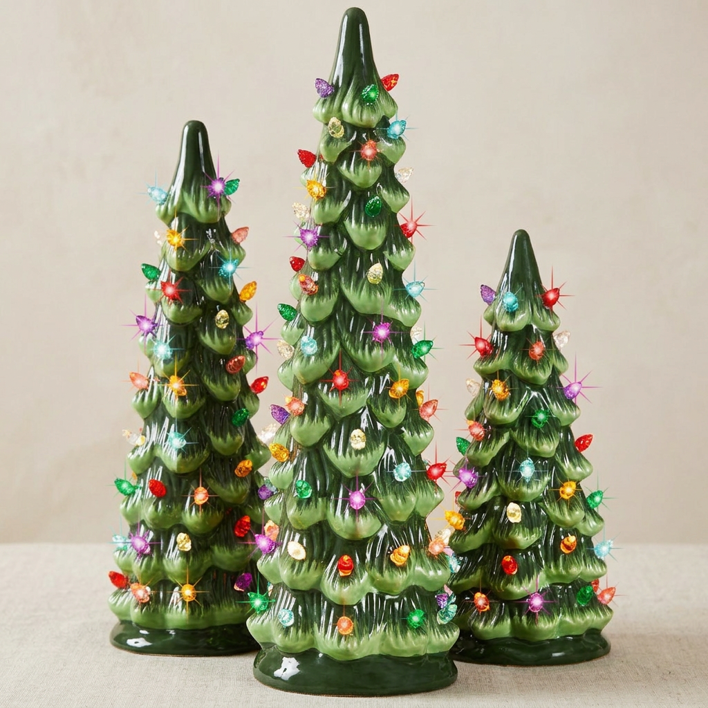 Three green ceramic Christmas tree ornaments with colorful lit bulbs, displayed on a neutral beige surface against a matching background.