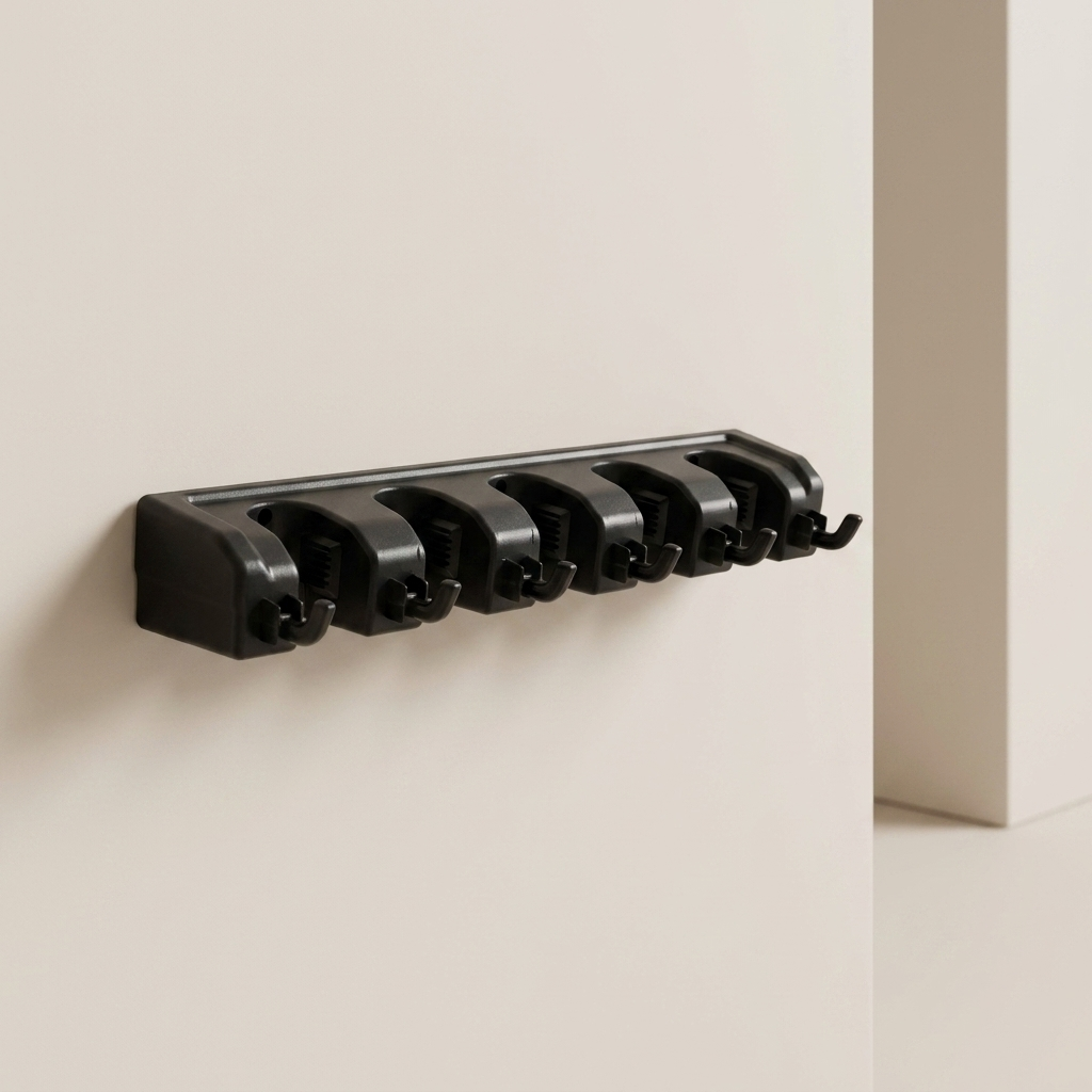 A black wall-mounted hook rack with six curved hooks, shown mounted on a warm off-white wall in a minimalist interior setting.