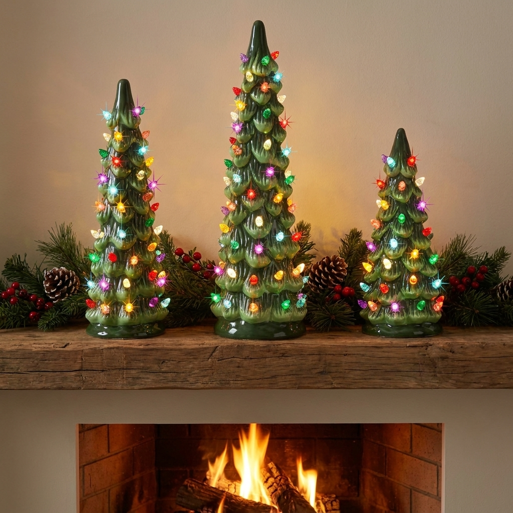 Three green ceramic Christmas tree ornaments with glowing multicolor lights, displayed on a wooden mantel with pinecones and evergreen branches above a lit fireplace.