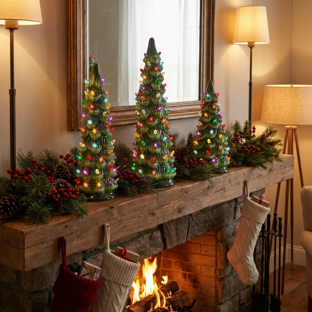 Three decorative green glass Christmas tree ornaments with multicolored lights and ornaments displayed on a rustic wooden mantel above a stone fireplace with a burning fire, stockings, and holiday greenery.