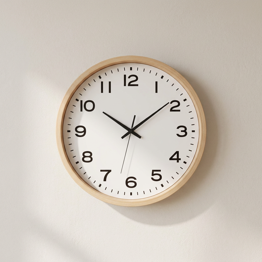 A minimalist analog wall clock with a light natural wood frame, a white face, and black numerals and hands, mounted on a neutral off-white wall.