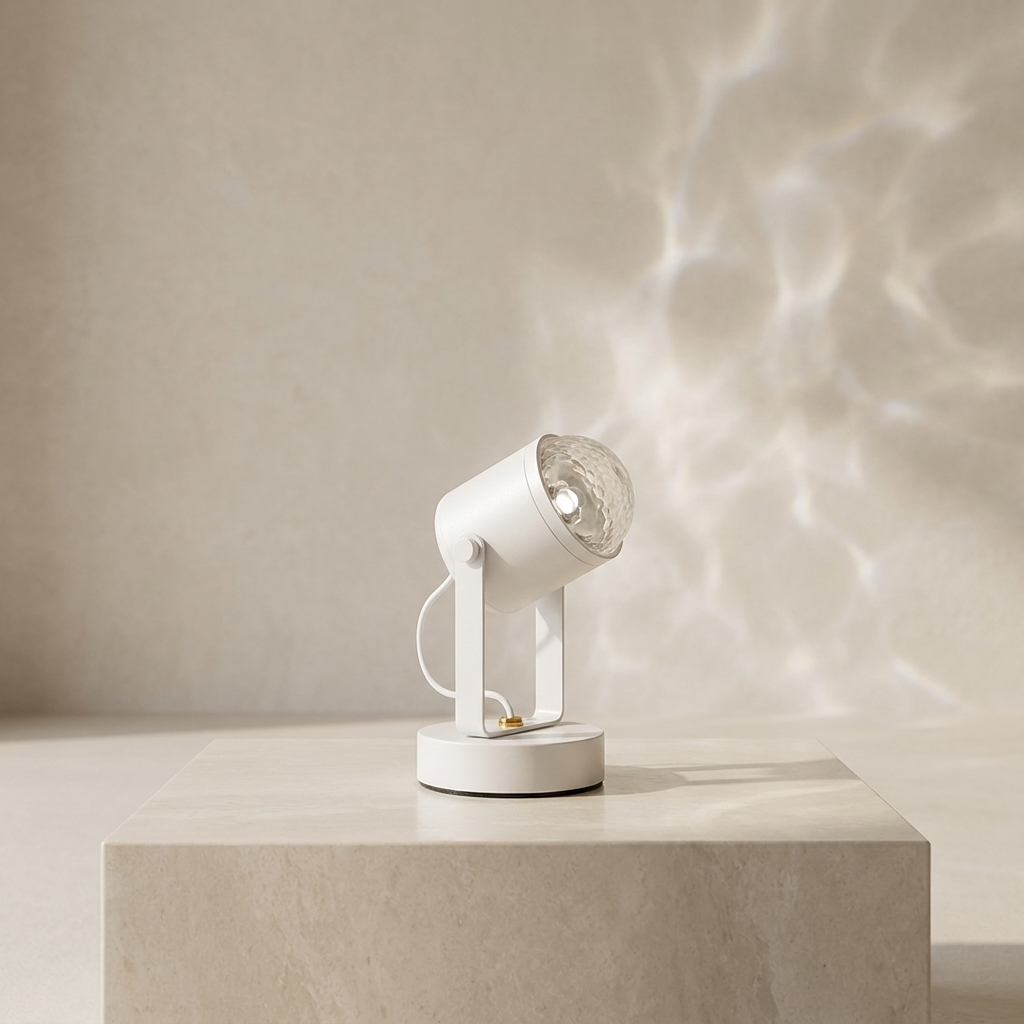A modern white adjustable spotlight lamp with a clear glass shade, resting on a light beige stone pedestal. The lamp is turned on, casting a soft, rippled water-like shadow pattern on the beige wall behind it.