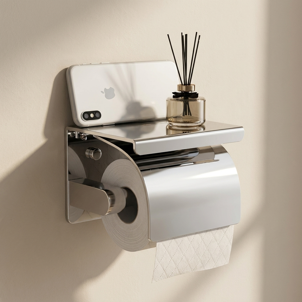 A wall-mounted stainless steel toilet paper holder with a small shelf holding a diffuser and a smartphone, shown against a beige wall with sunlight and shadows.